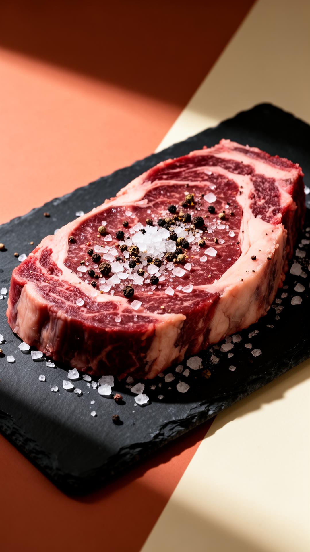 Bistecca ribeye cosparsa di sale grosso e pepe nero per dry brining su lastra di ardesia