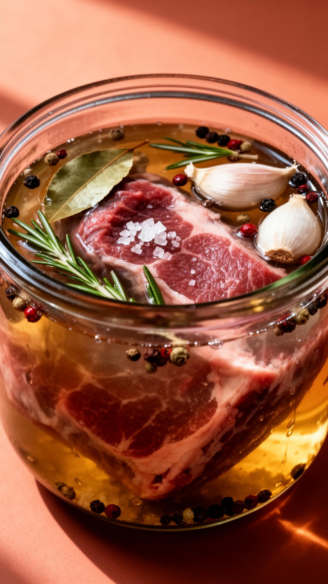 Carne immersa in salamoia con alloro, rosmarino, aglio e pepe in un vaso di vetro