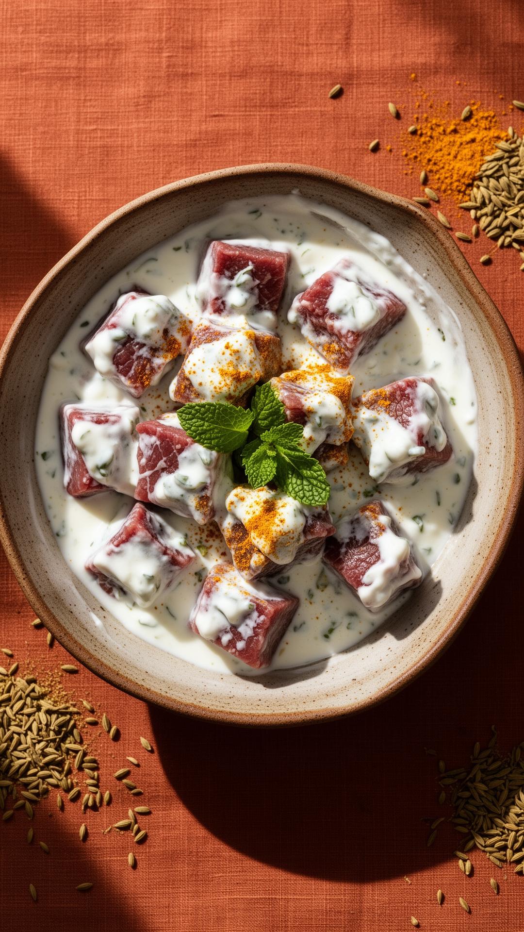 Cubetti di carne marinati in yogurt con curcuma, cumino e menta in ciotola di ceramica