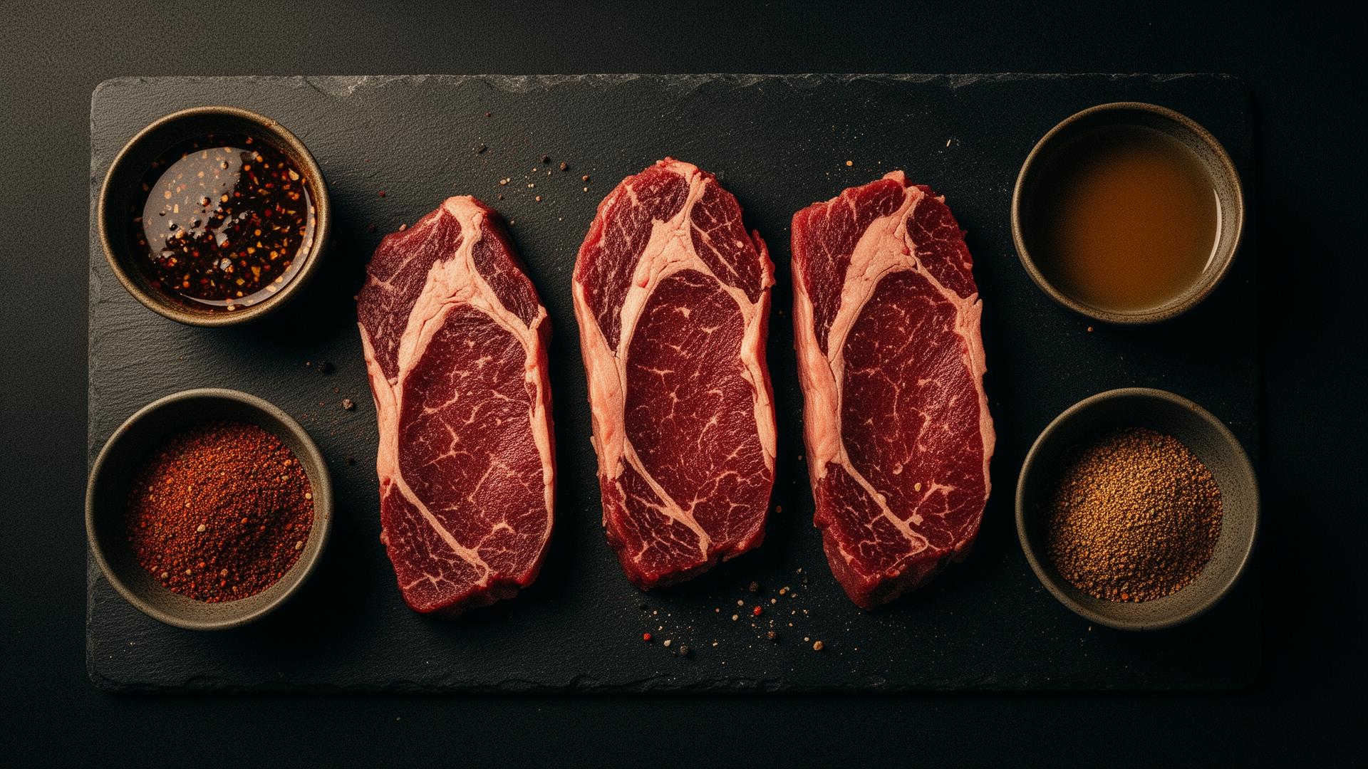 Tre tagli di carne marinata con spezie e salamoia su lastra di ardesia